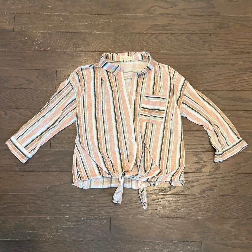 Eden & Olivia Womens Medium Striped Tie Front Button‎ Down Shirt Terracotta Sage